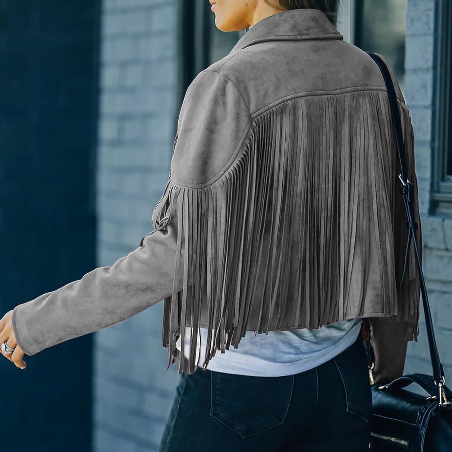 image:imagetuduoms Womens Vintage Western Fringe Jacket Tops Suede Leather 70s Cowboy Shirt Tassels Cardigan Crop Motorcycle Jacket CoatGray