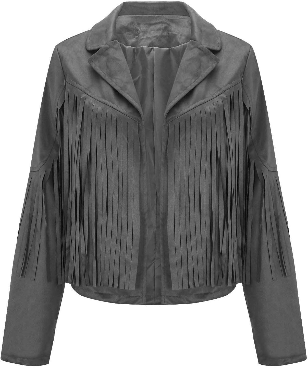 image:imagetuduoms Womens Vintage Western Fringe Jacket Tops Suede Leather 70s Cowboy Shirt Tassels Cardigan Crop Motorcycle Jacket CoatGray