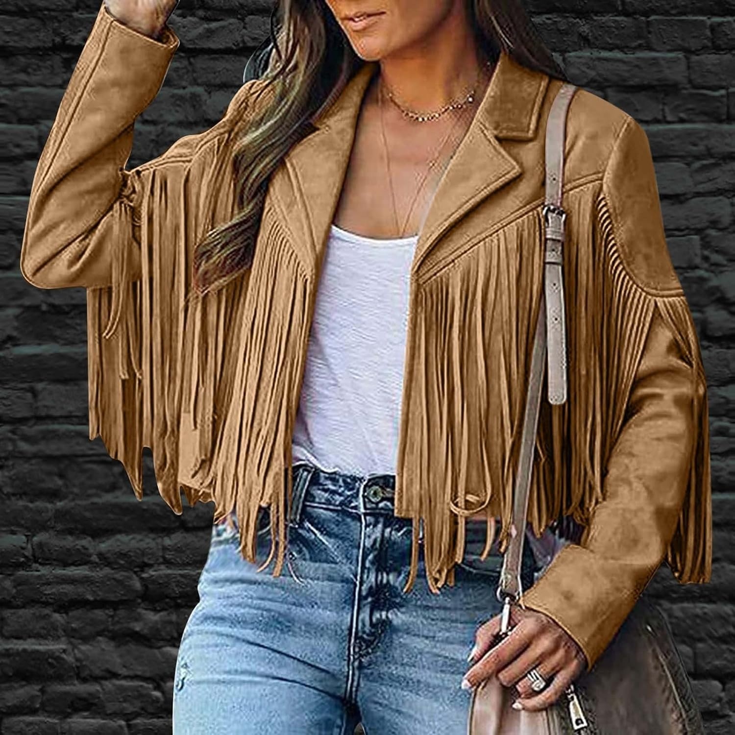 image:imagetuduoms Womens Vintage Western Fringe Jacket Tops Suede Leather 70s Cowboy Shirt Tassels Cardigan Crop Motorcycle Jacket CoatKhaki