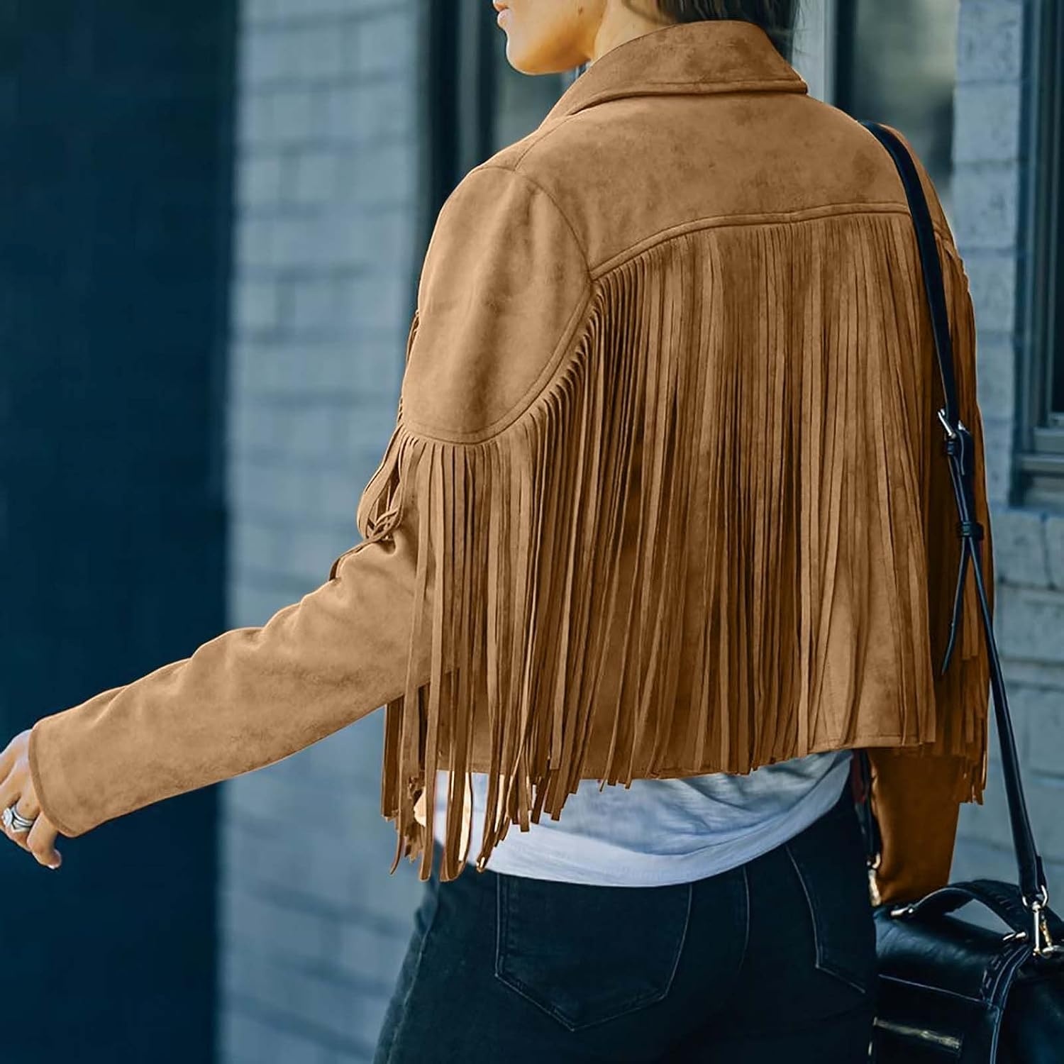 image:imagetuduoms Womens Vintage Western Fringe Jacket Tops Suede Leather 70s Cowboy Shirt Tassels Cardigan Crop Motorcycle Jacket CoatKhaki