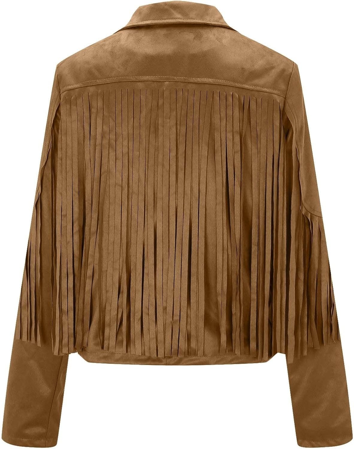 image:imagetuduoms Womens Vintage Western Fringe Jacket Tops Suede Leather 70s Cowboy Shirt Tassels Cardigan Crop Motorcycle Jacket CoatKhaki
