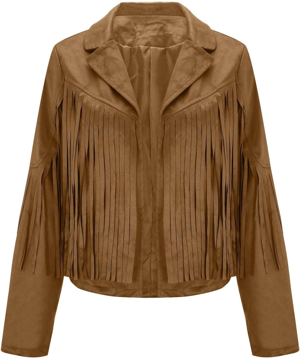 image:imagetuduoms Womens Vintage Western Fringe Jacket Tops Suede Leather 70s Cowboy Shirt Tassels Cardigan Crop Motorcycle Jacket CoatKhaki