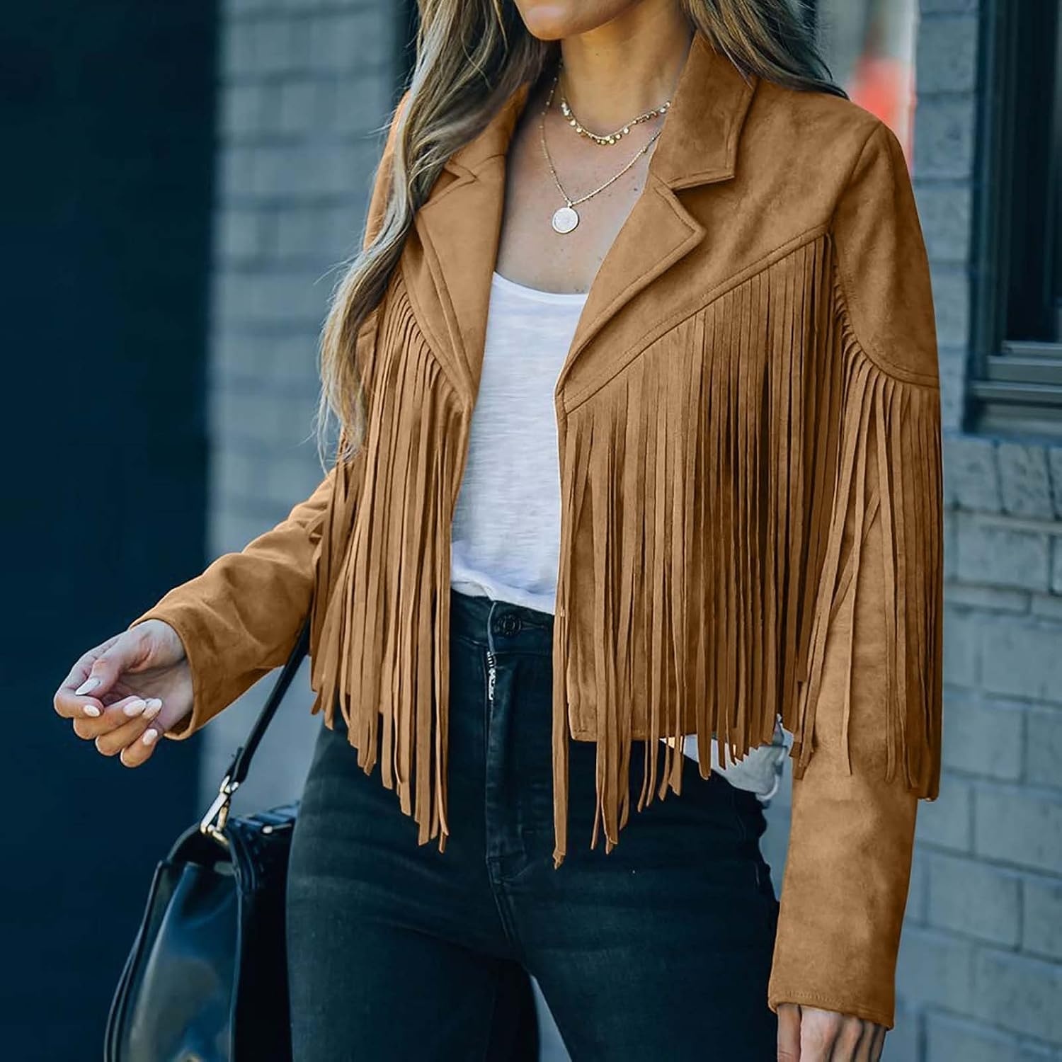 image:imagetuduoms Womens Vintage Western Fringe Jacket Tops Suede Leather 70s Cowboy Shirt Tassels Cardigan Crop Motorcycle Jacket CoatKhaki