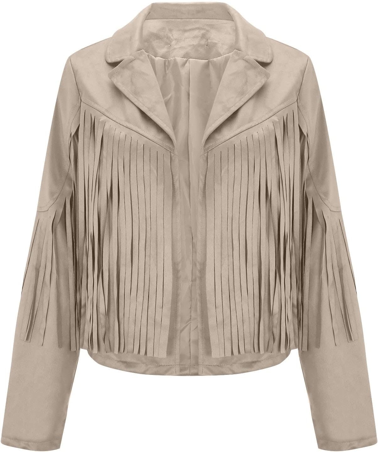 image:imagetuduoms Womens Vintage Western Fringe Jacket Tops Suede Leather 70s Cowboy Shirt Tassels Cardigan Crop Motorcycle Jacket CoatKhaki02