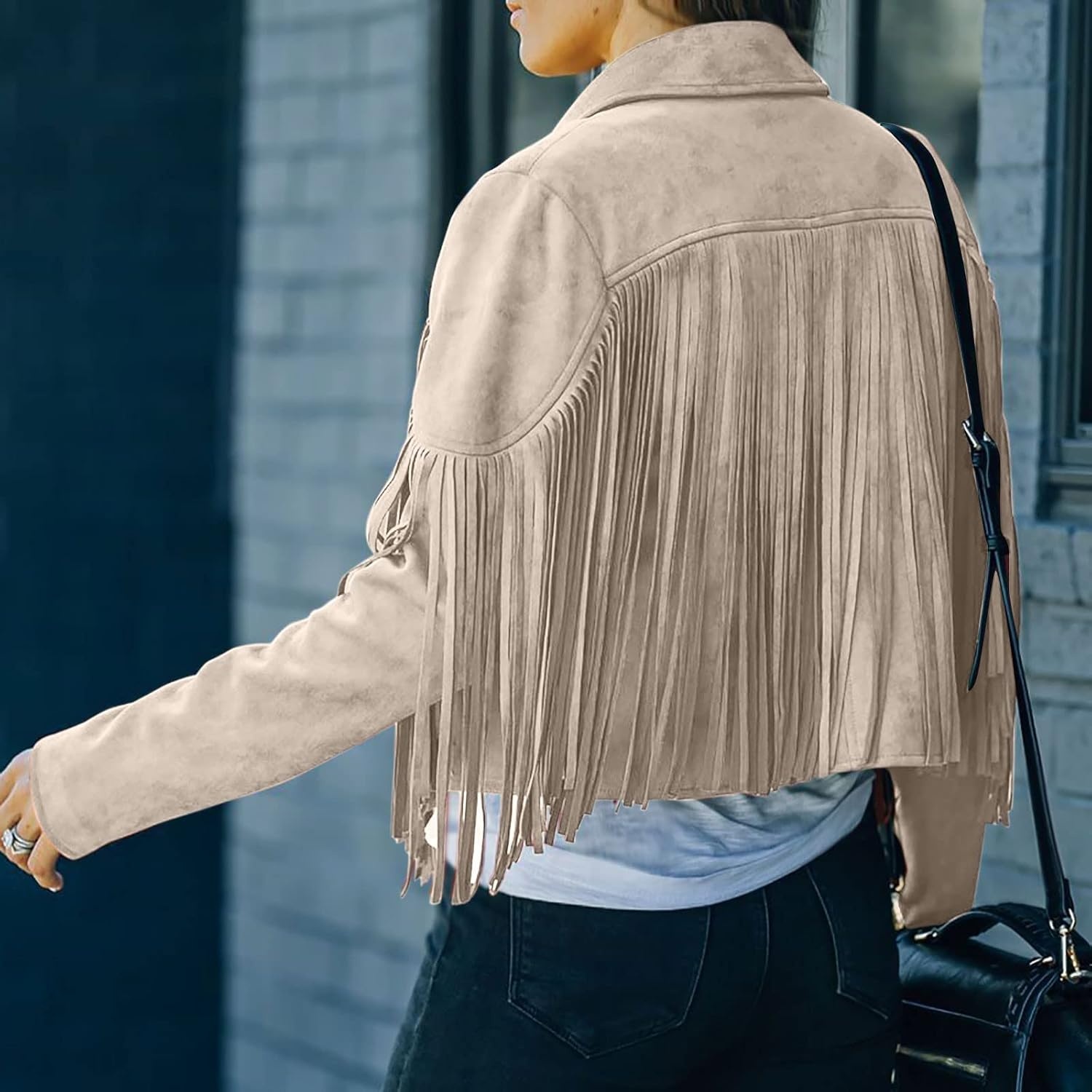 image:imagetuduoms Womens Vintage Western Fringe Jacket Tops Suede Leather 70s Cowboy Shirt Tassels Cardigan Crop Motorcycle Jacket CoatKhaki02