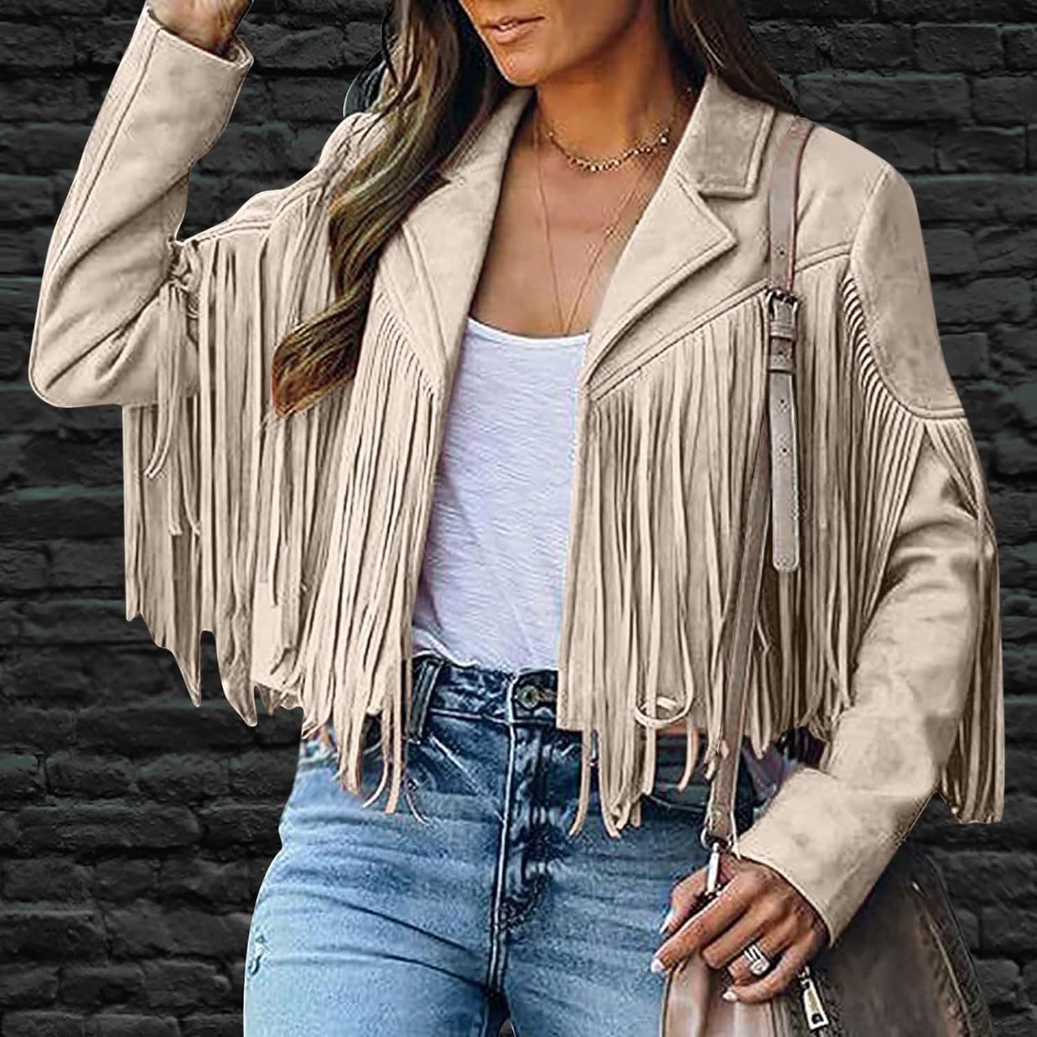 image:imagetuduoms Womens Vintage Western Fringe Jacket Tops Suede Leather 70s Cowboy Shirt Tassels Cardigan Crop Motorcycle Jacket CoatKhaki02