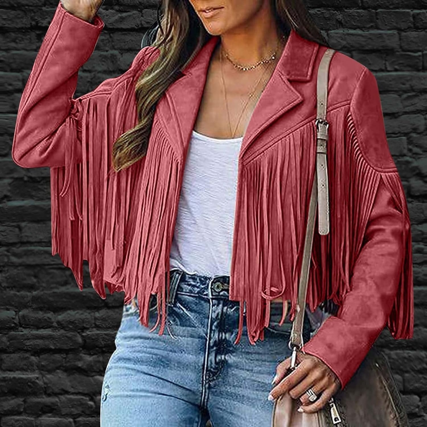 image:imagetuduoms Womens Vintage Western Fringe Jacket Tops Suede Leather 70s Cowboy Shirt Tassels Cardigan Crop Motorcycle Jacket CoatRed