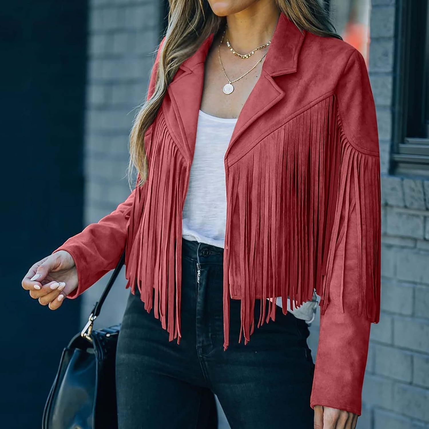 image:imagetuduoms Womens Vintage Western Fringe Jacket Tops Suede Leather 70s Cowboy Shirt Tassels Cardigan Crop Motorcycle Jacket CoatRed