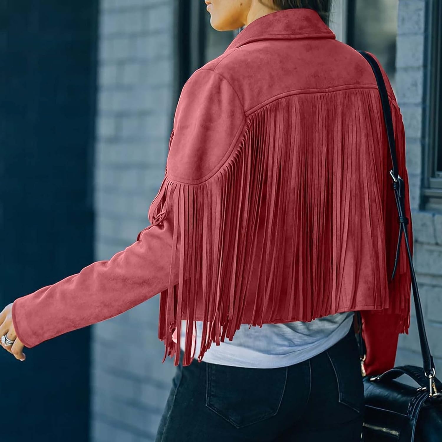 image:imagetuduoms Womens Vintage Western Fringe Jacket Tops Suede Leather 70s Cowboy Shirt Tassels Cardigan Crop Motorcycle Jacket CoatRed