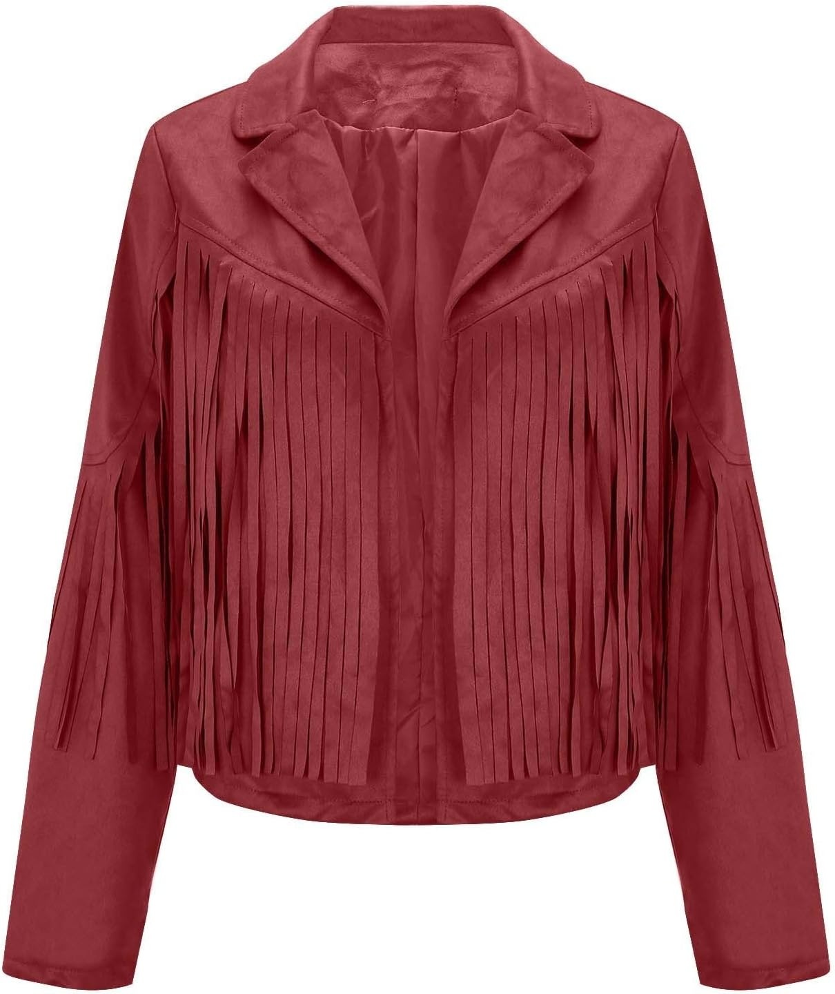 image:imagetuduoms Womens Vintage Western Fringe Jacket Tops Suede Leather 70s Cowboy Shirt Tassels Cardigan Crop Motorcycle Jacket CoatRed