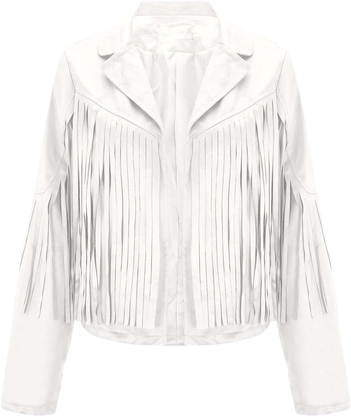 image:imagetuduoms Womens Vintage Western Fringe Jacket Tops Suede Leather 70s Cowboy Shirt Tassels Cardigan Crop Motorcycle Jacket CoatWhite