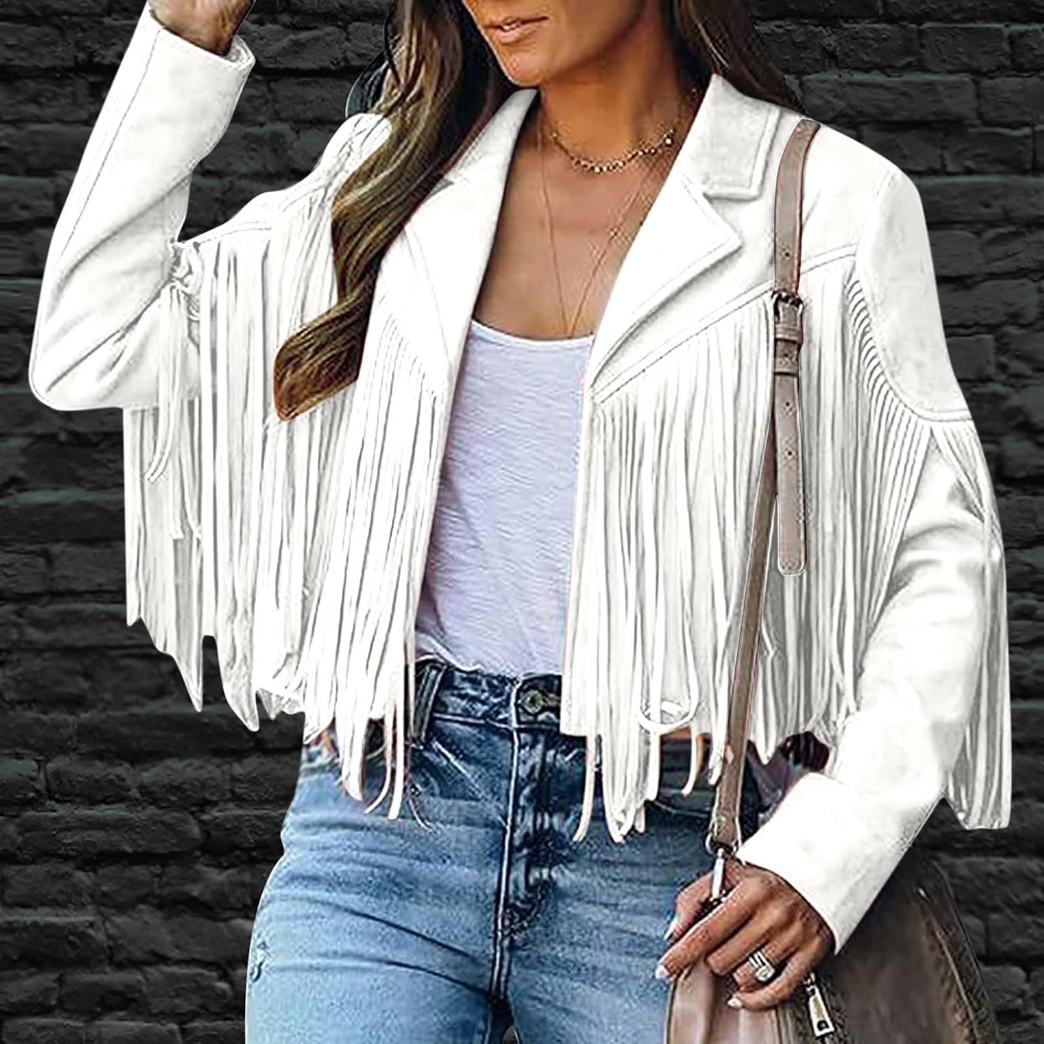 image:imagetuduoms Womens Vintage Western Fringe Jacket Tops Suede Leather 70s Cowboy Shirt Tassels Cardigan Crop Motorcycle Jacket CoatWhite