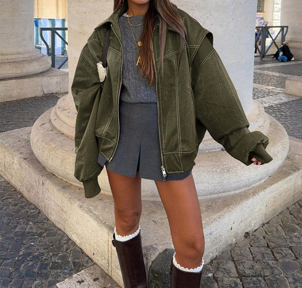 image:imageutcoco Womens Faux Leather Motorcycle Jacket Oversized Zip Up Winter Coat Outerwear 2025 Fall Fashion ClothesArmy Green