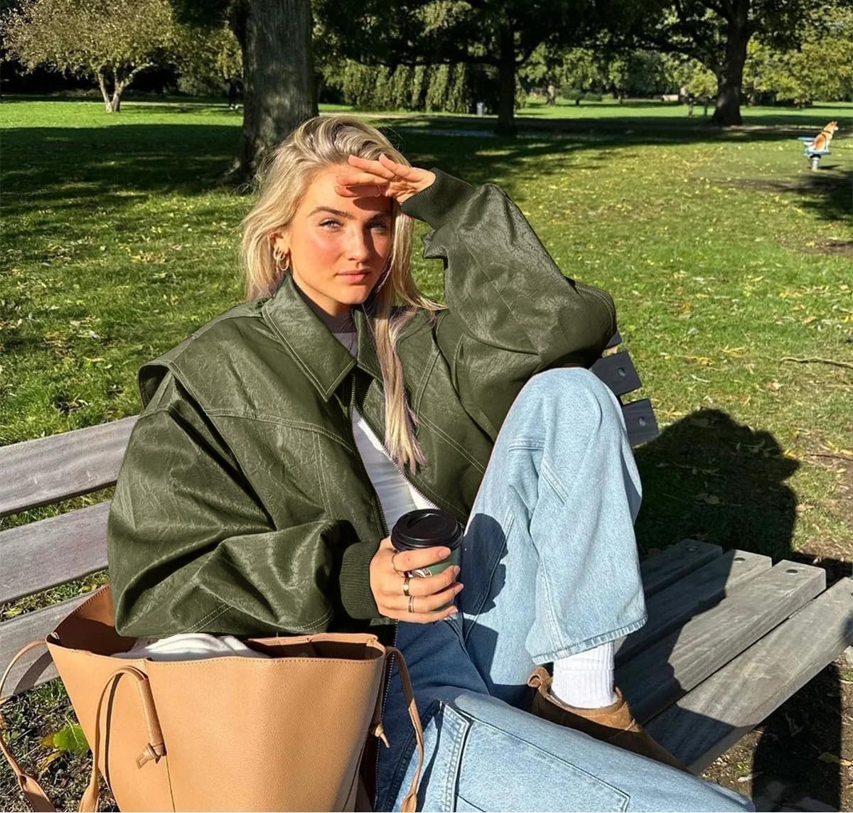 image:imageutcoco Womens Faux Leather Motorcycle Jacket Oversized Zip Up Winter Coat Outerwear 2025 Fall Fashion ClothesArmy Green
