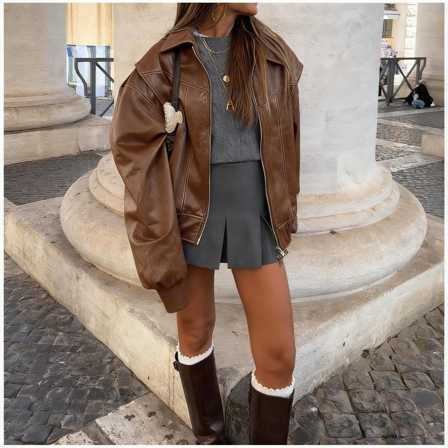 image:imageutcoco Womens Faux Leather Motorcycle Jacket Oversized Zip Up Winter Coat Outerwear 2025 Fall Fashion ClothesBrown