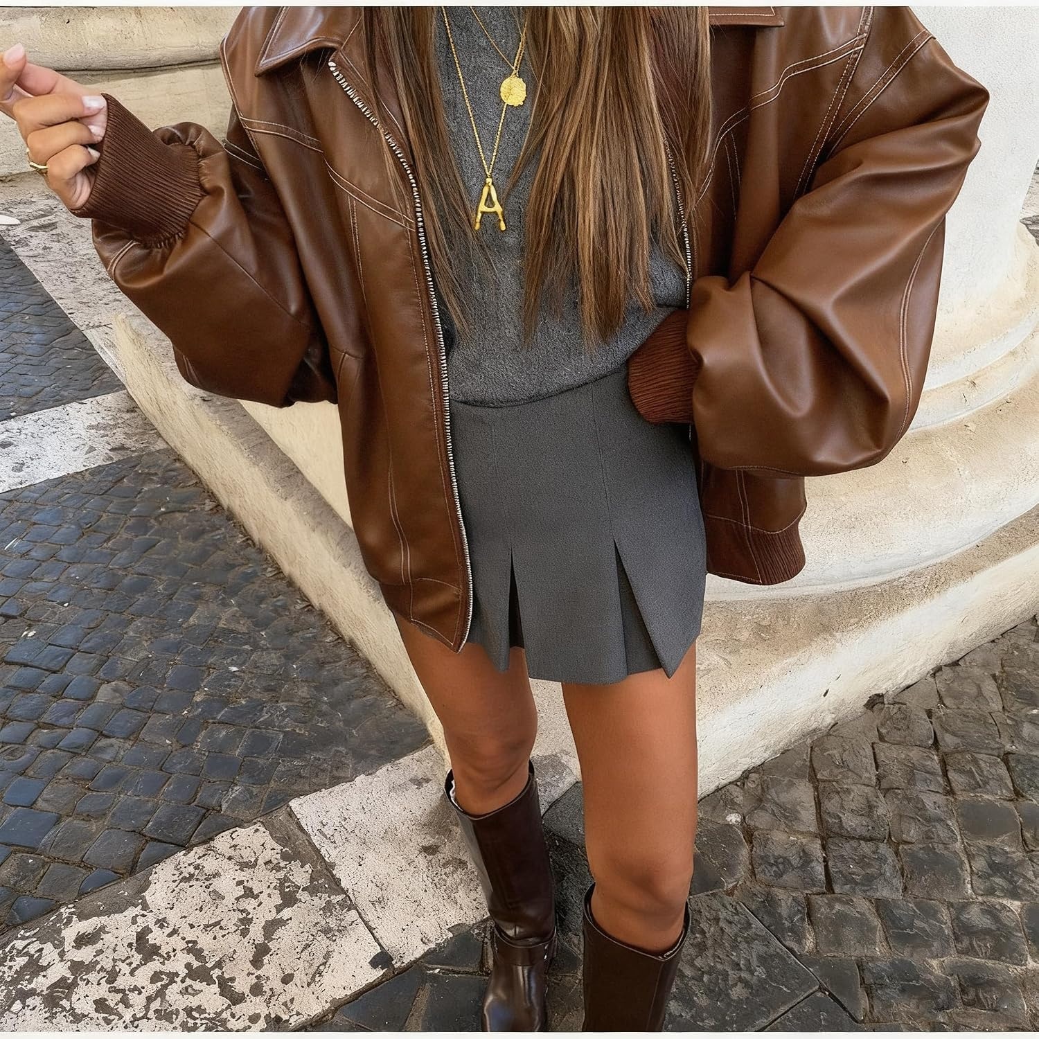image:imageutcoco Womens Faux Leather Motorcycle Jacket Oversized Zip Up Winter Coat Outerwear 2025 Fall Fashion ClothesBrown