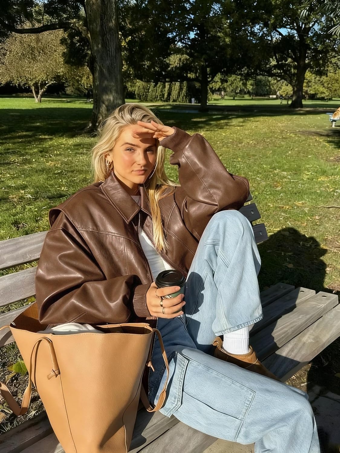 image:imageutcoco Womens Faux Leather Motorcycle Jacket Oversized Zip Up Winter Coat Outerwear 2025 Fall Fashion ClothesBrown