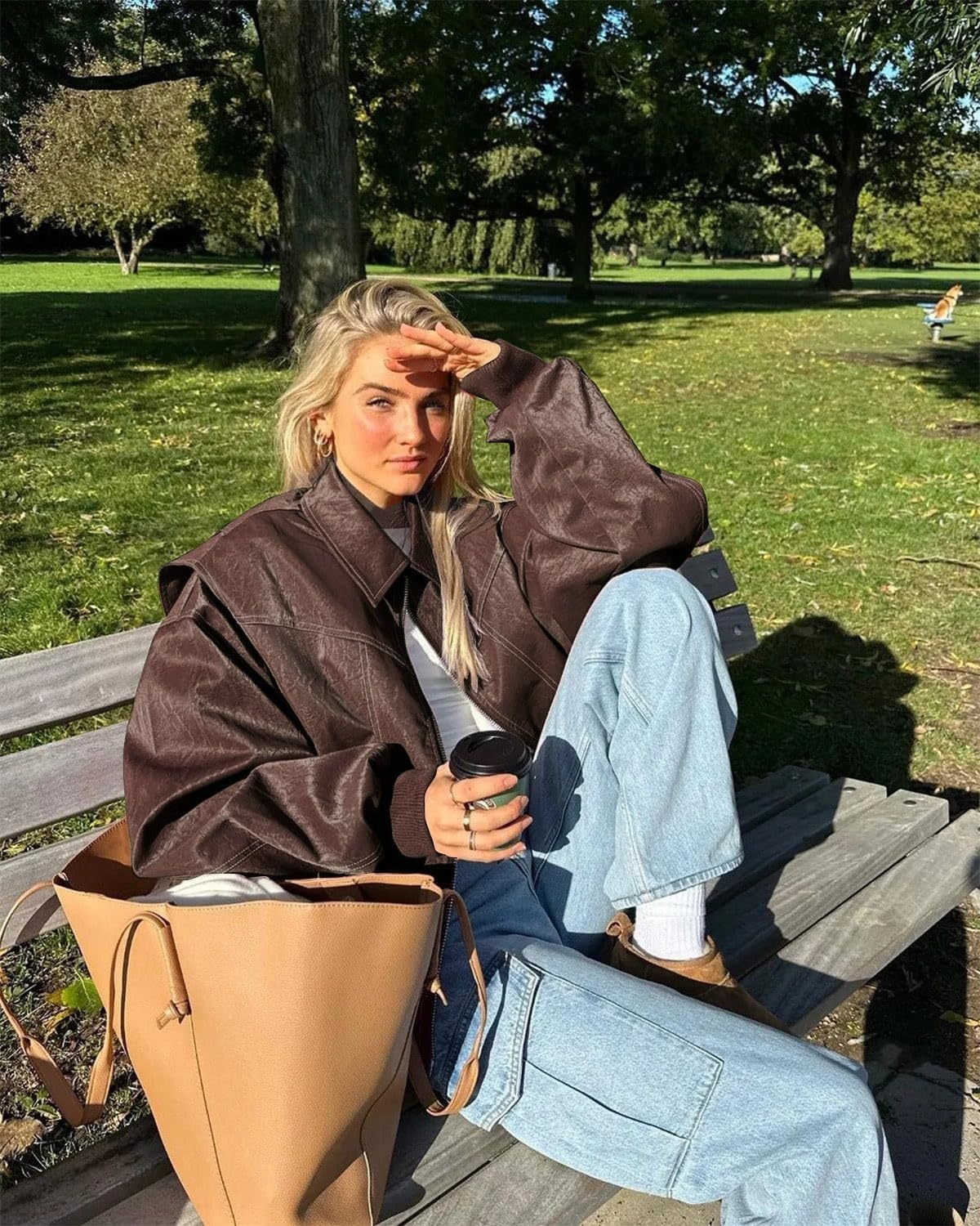 image:imageutcoco Womens Faux Leather Motorcycle Jacket Oversized Zip Up Winter Coat Outerwear 2025 Fall Fashion ClothesCoffee