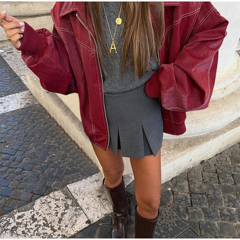 image:imageutcoco Womens Faux Leather Motorcycle Jacket Oversized Zip Up Winter Coat Outerwear 2025 Fall Fashion ClothesRed
