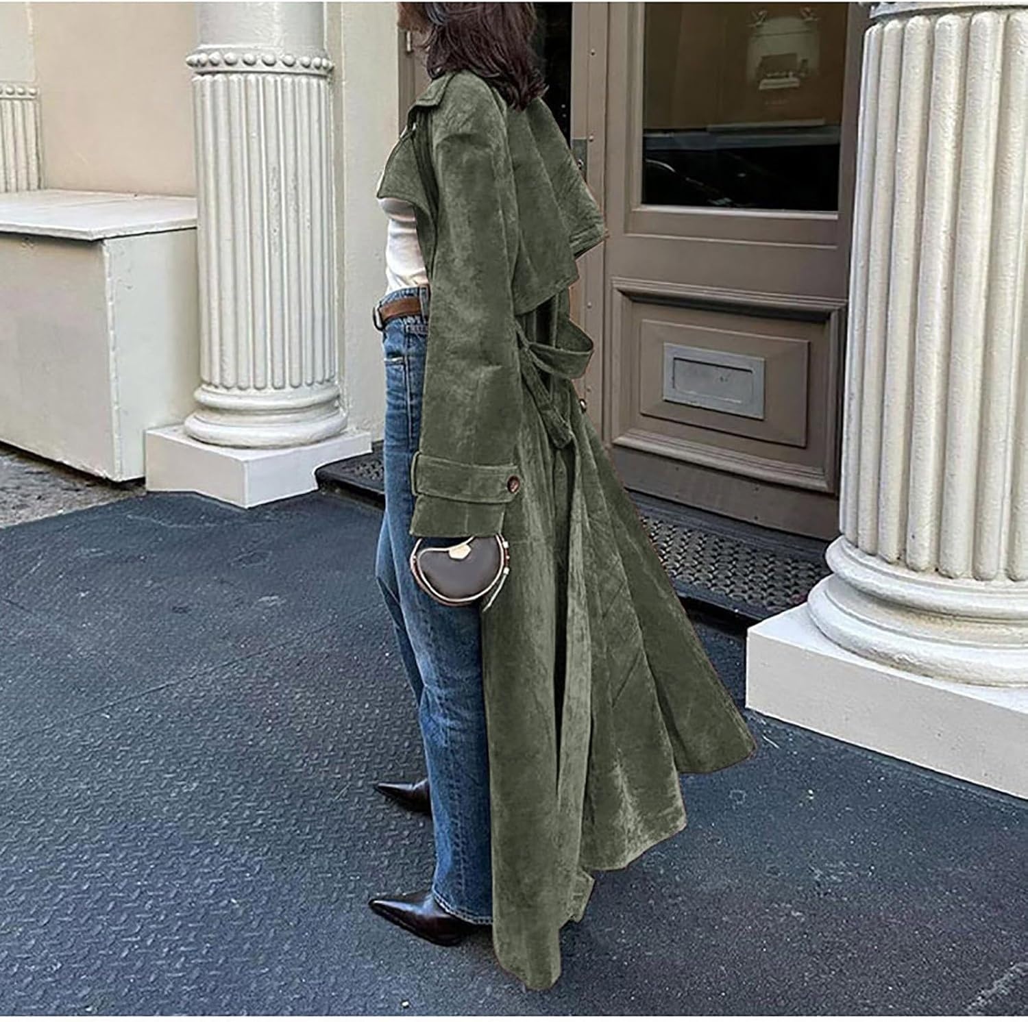 image:imageutcoco Womens Faux Suede Long Trench Coat Notched Lapel Double Breasted Pea Coat Overcoat with BeltArmy Green