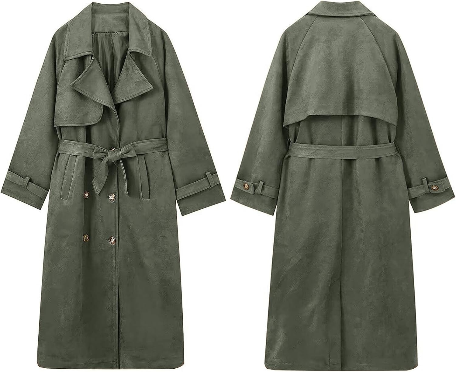 image:imageutcoco Womens Faux Suede Long Trench Coat Notched Lapel Double Breasted Pea Coat Overcoat with BeltArmy Green