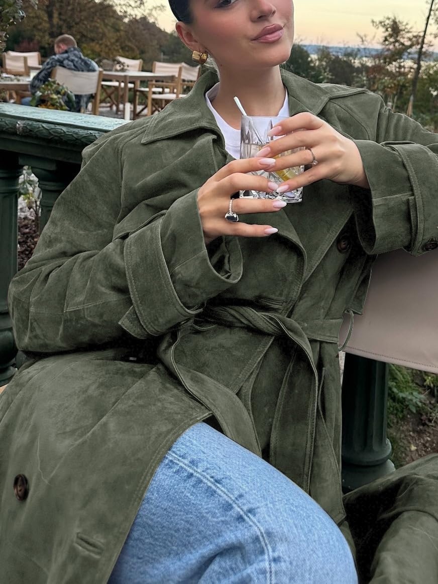 image:imageutcoco Womens Faux Suede Long Trench Coat Notched Lapel Double Breasted Pea Coat Overcoat with BeltArmy Green