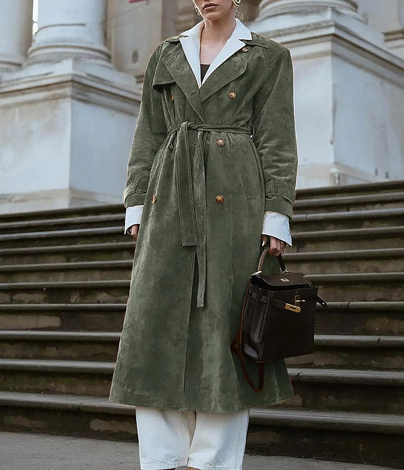 image:imageutcoco Womens Faux Suede Long Trench Coat Notched Lapel Double Breasted Pea Coat Overcoat with BeltArmy Green