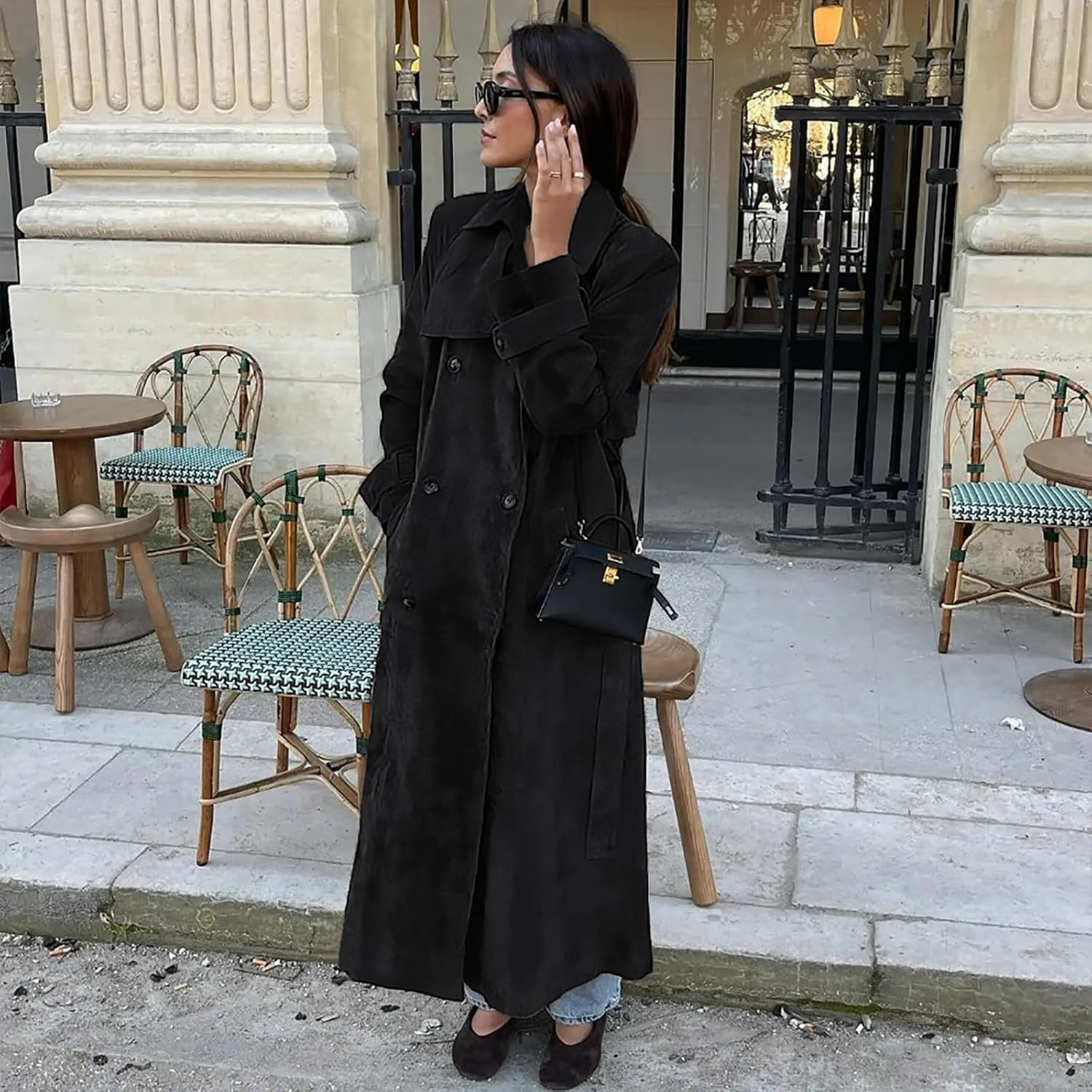 image:imageutcoco Womens Faux Suede Long Trench Coat Notched Lapel Double Breasted Pea Coat Overcoat with BeltBlack