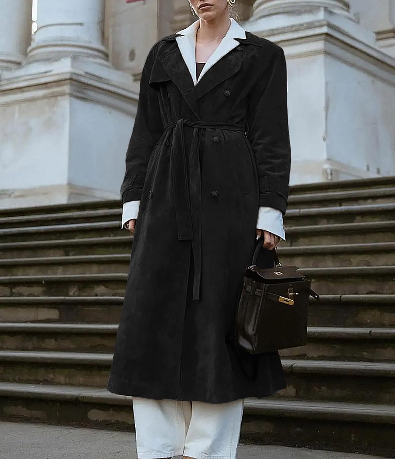 image:imageutcoco Womens Faux Suede Long Trench Coat Notched Lapel Double Breasted Pea Coat Overcoat with BeltBlack