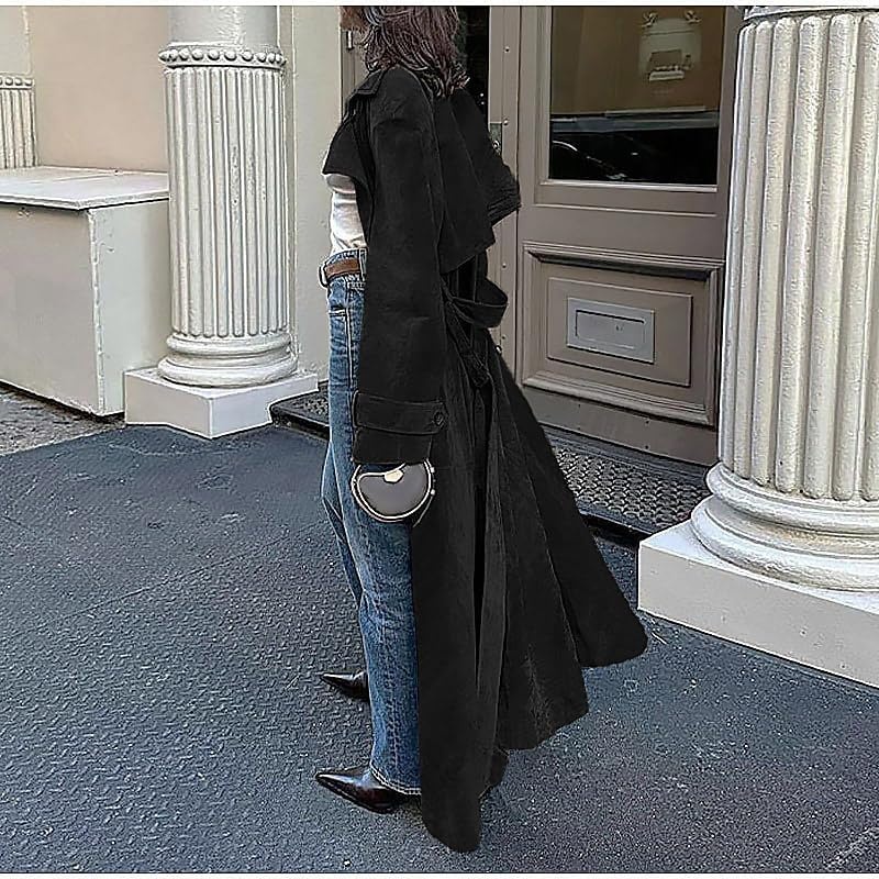 image:imageutcoco Womens Faux Suede Long Trench Coat Notched Lapel Double Breasted Pea Coat Overcoat with BeltBlack