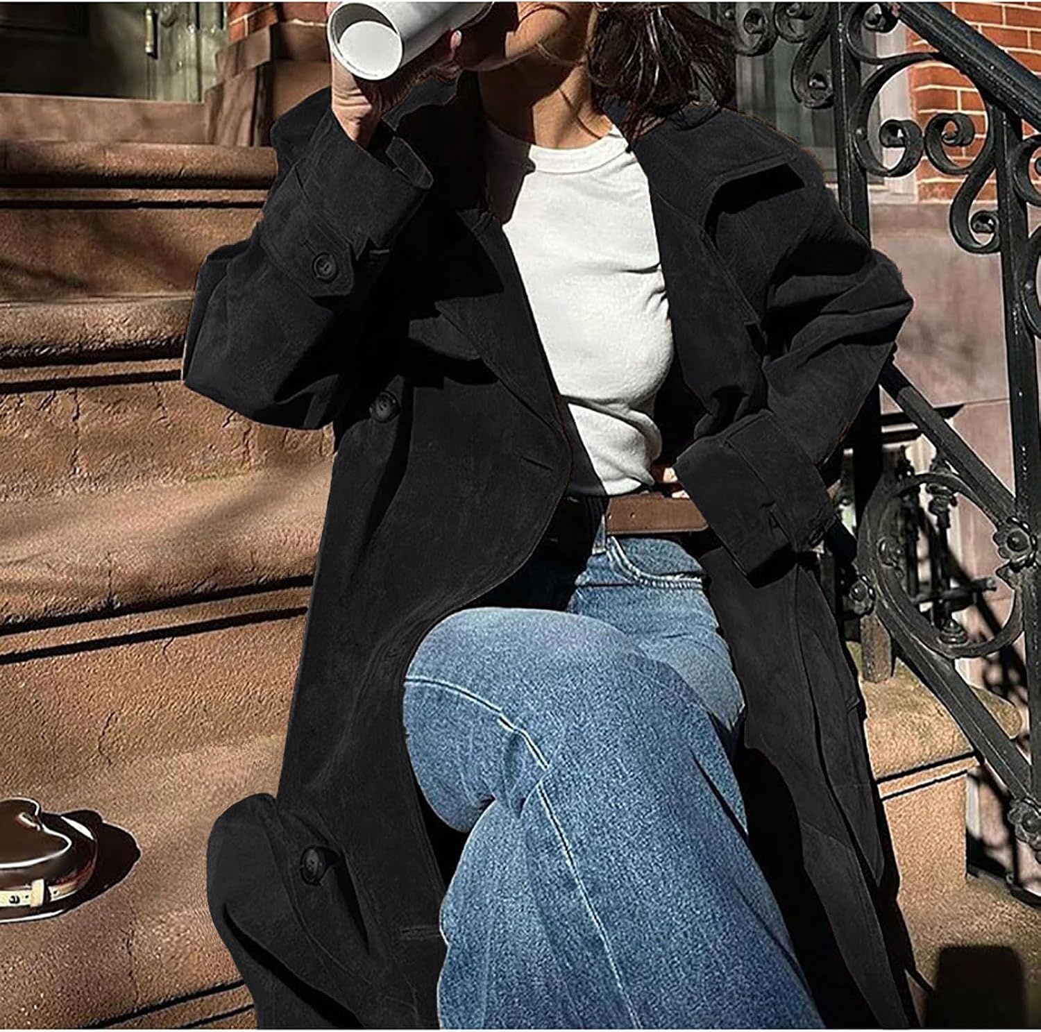 image:imageutcoco Womens Faux Suede Long Trench Coat Notched Lapel Double Breasted Pea Coat Overcoat with BeltBlack