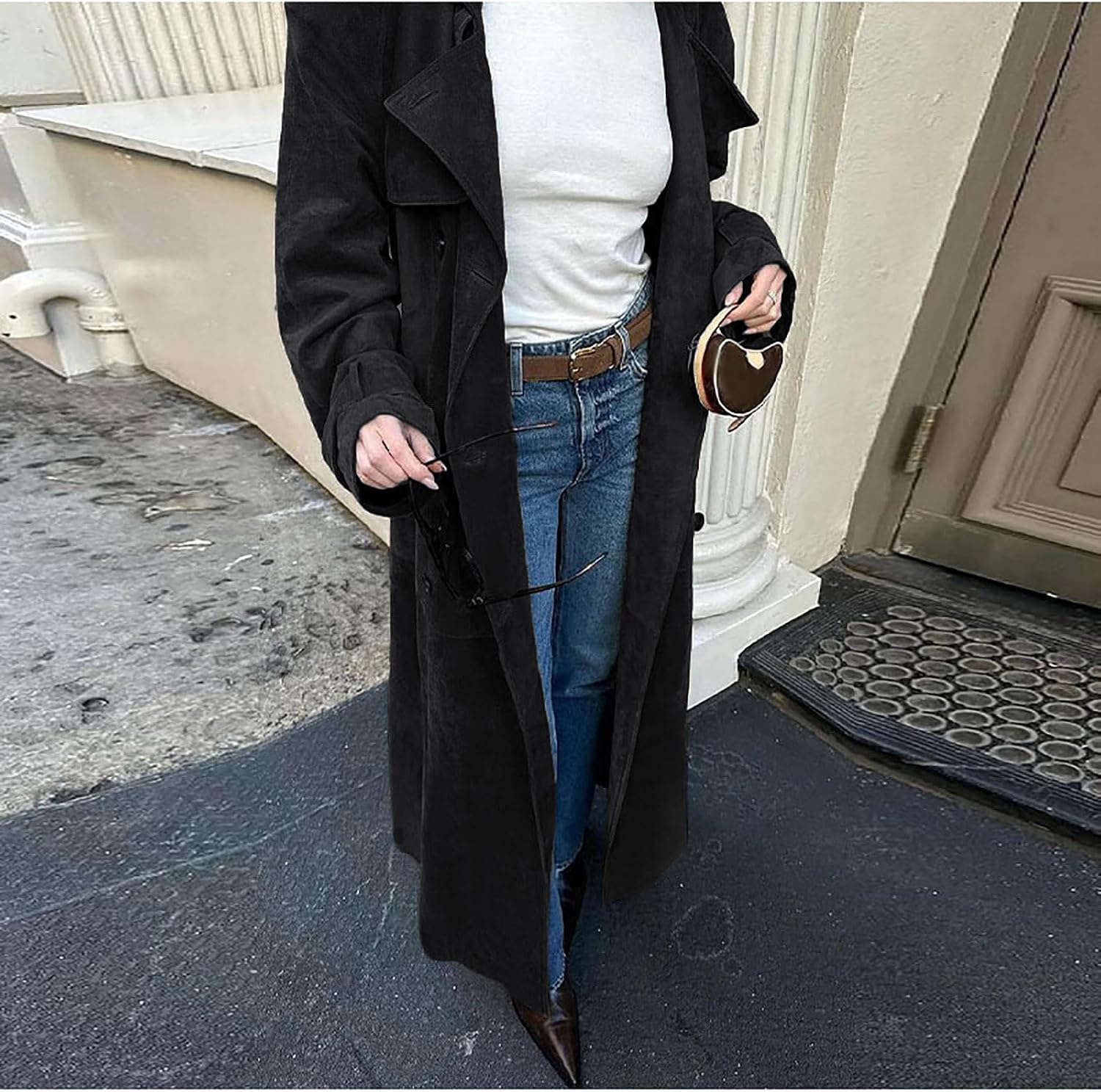 image:imageutcoco Womens Faux Suede Long Trench Coat Notched Lapel Double Breasted Pea Coat Overcoat with BeltBlack