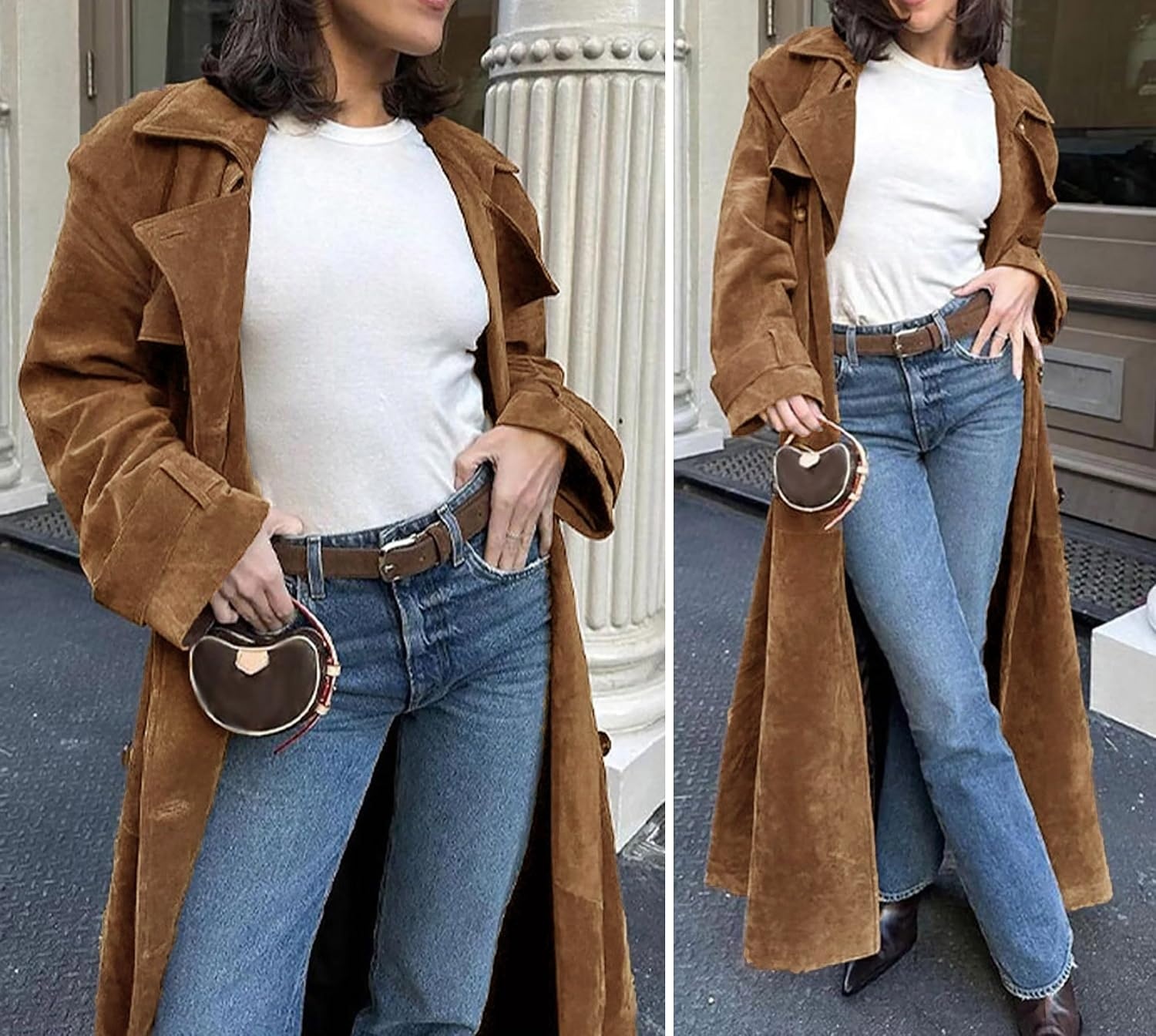 image:imageutcoco Womens Faux Suede Long Trench Coat Notched Lapel Double Breasted Pea Coat Overcoat with BeltCamel