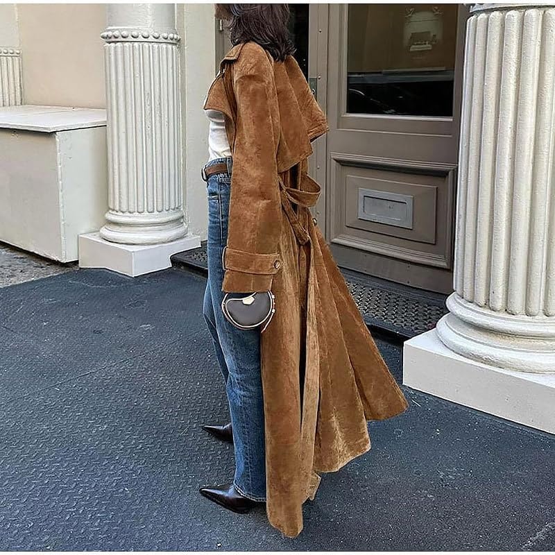 image:imageutcoco Womens Faux Suede Long Trench Coat Notched Lapel Double Breasted Pea Coat Overcoat with BeltCamel