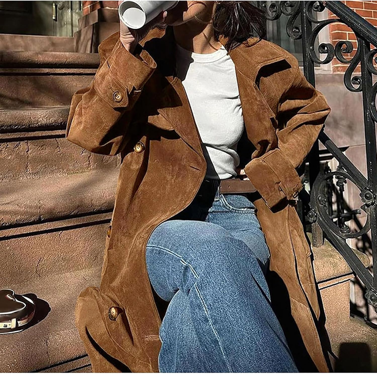image:imageutcoco Womens Faux Suede Long Trench Coat Notched Lapel Double Breasted Pea Coat Overcoat with BeltCamel