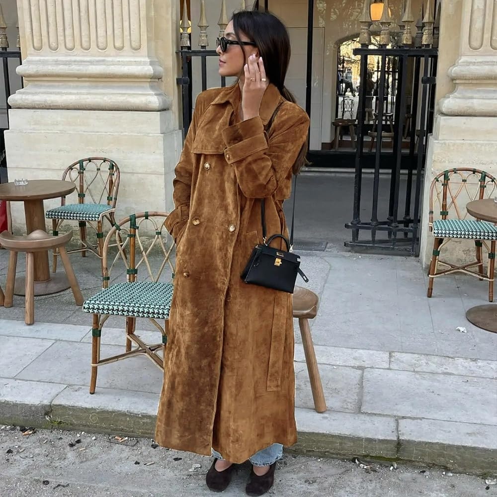 image:imageutcoco Womens Faux Suede Long Trench Coat Notched Lapel Double Breasted Pea Coat Overcoat with BeltCamel