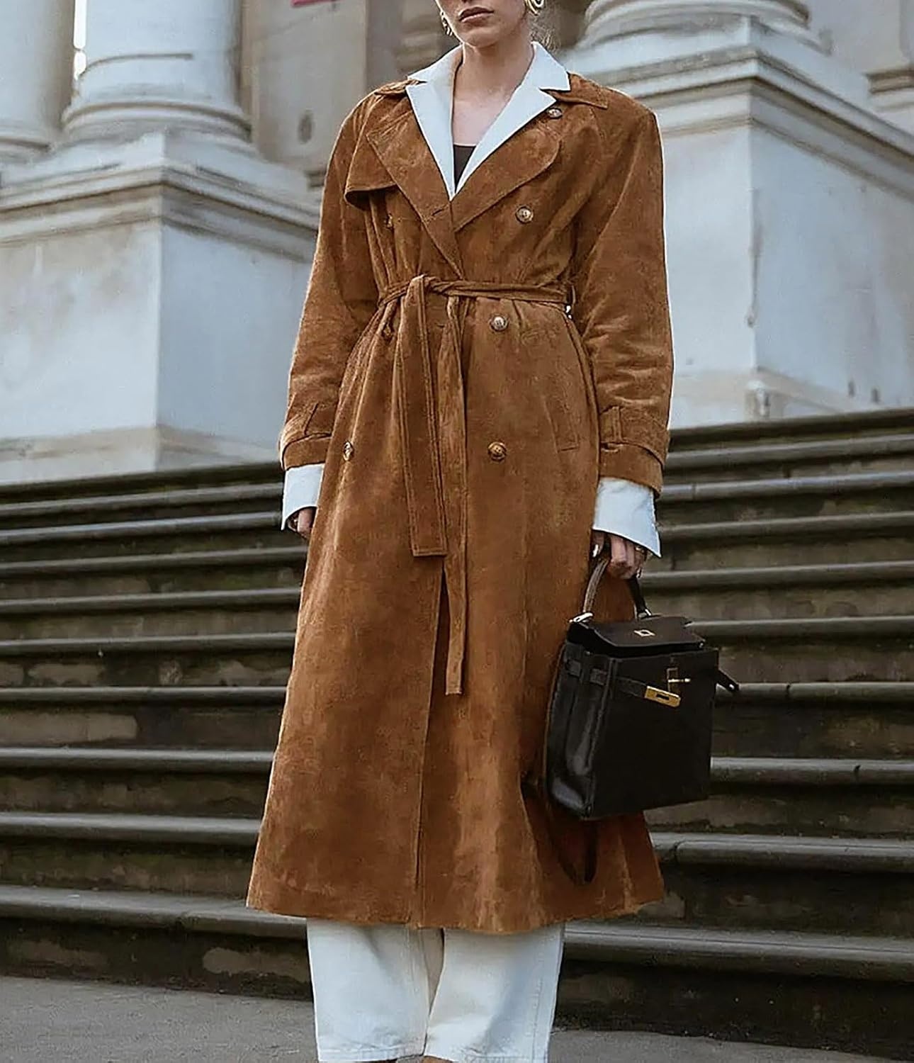 image:imageutcoco Womens Faux Suede Long Trench Coat Notched Lapel Double Breasted Pea Coat Overcoat with BeltCamel