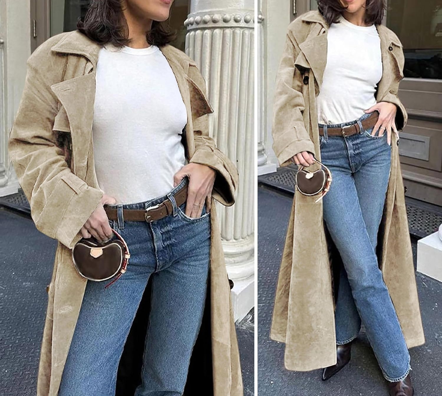image:imageutcoco Womens Faux Suede Long Trench Coat Notched Lapel Double Breasted Pea Coat Overcoat with BeltLight Khaki