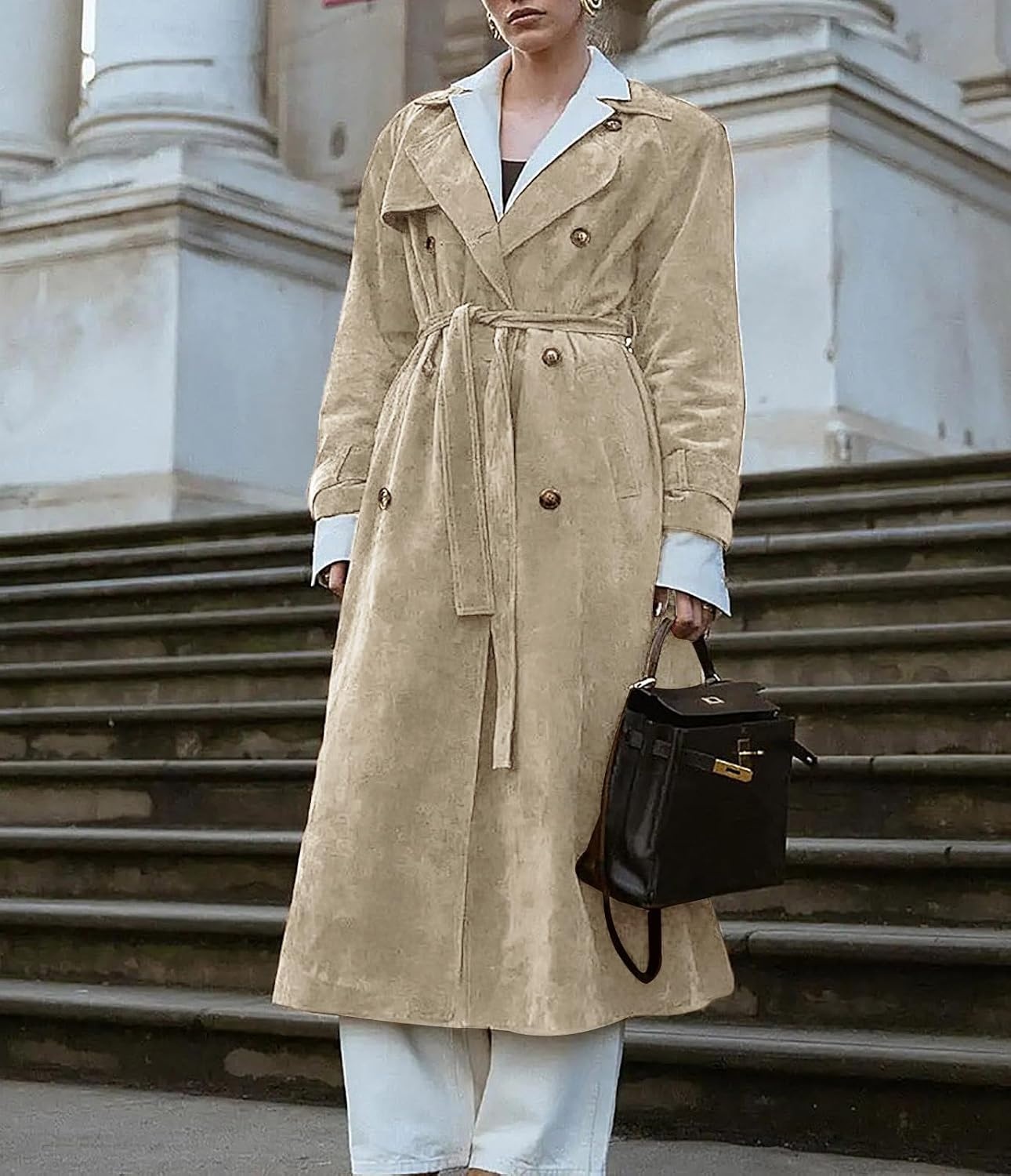 image:imageutcoco Womens Faux Suede Long Trench Coat Notched Lapel Double Breasted Pea Coat Overcoat with BeltLight Khaki