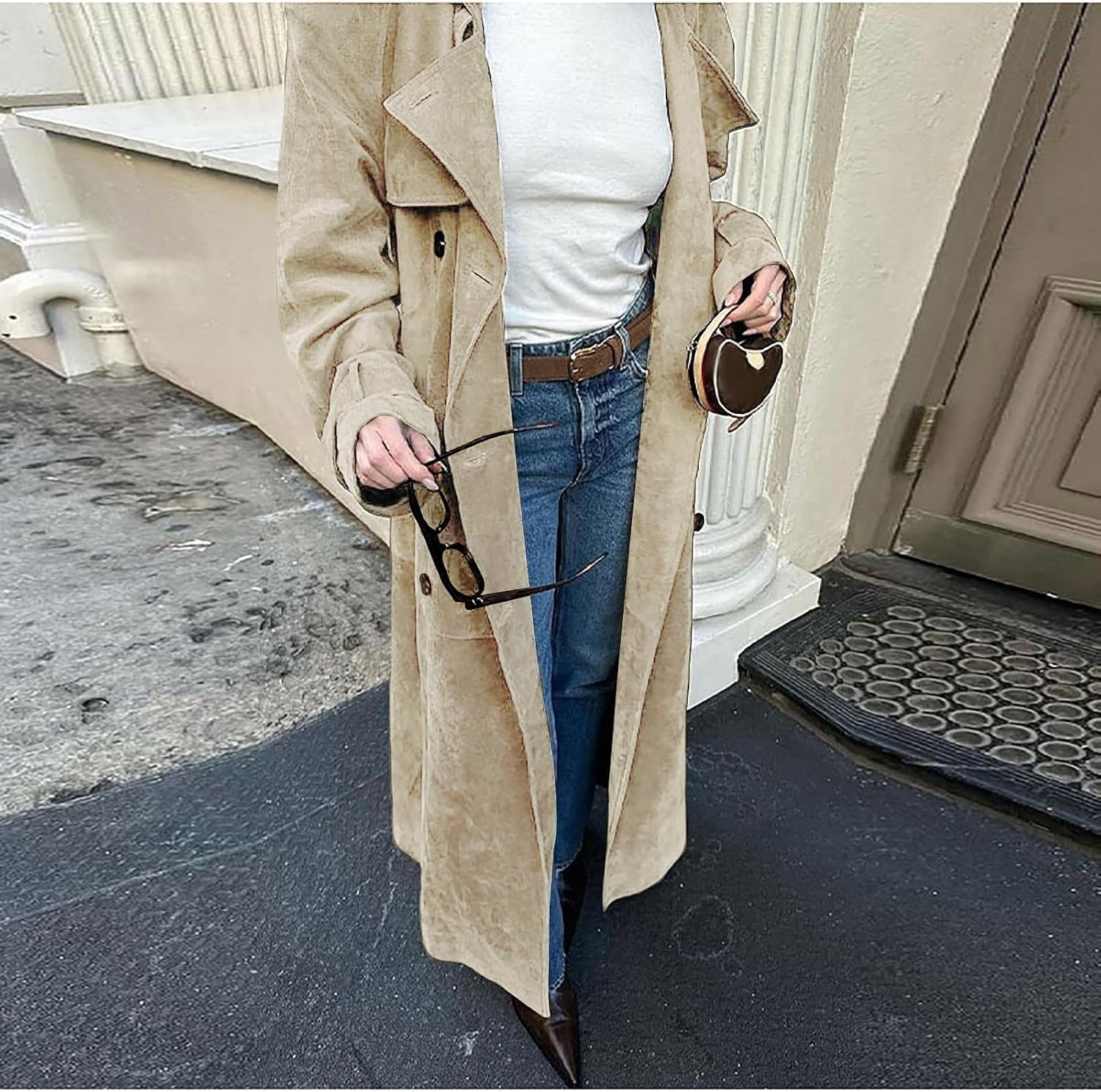 image:imageutcoco Womens Faux Suede Long Trench Coat Notched Lapel Double Breasted Pea Coat Overcoat with BeltLight Khaki