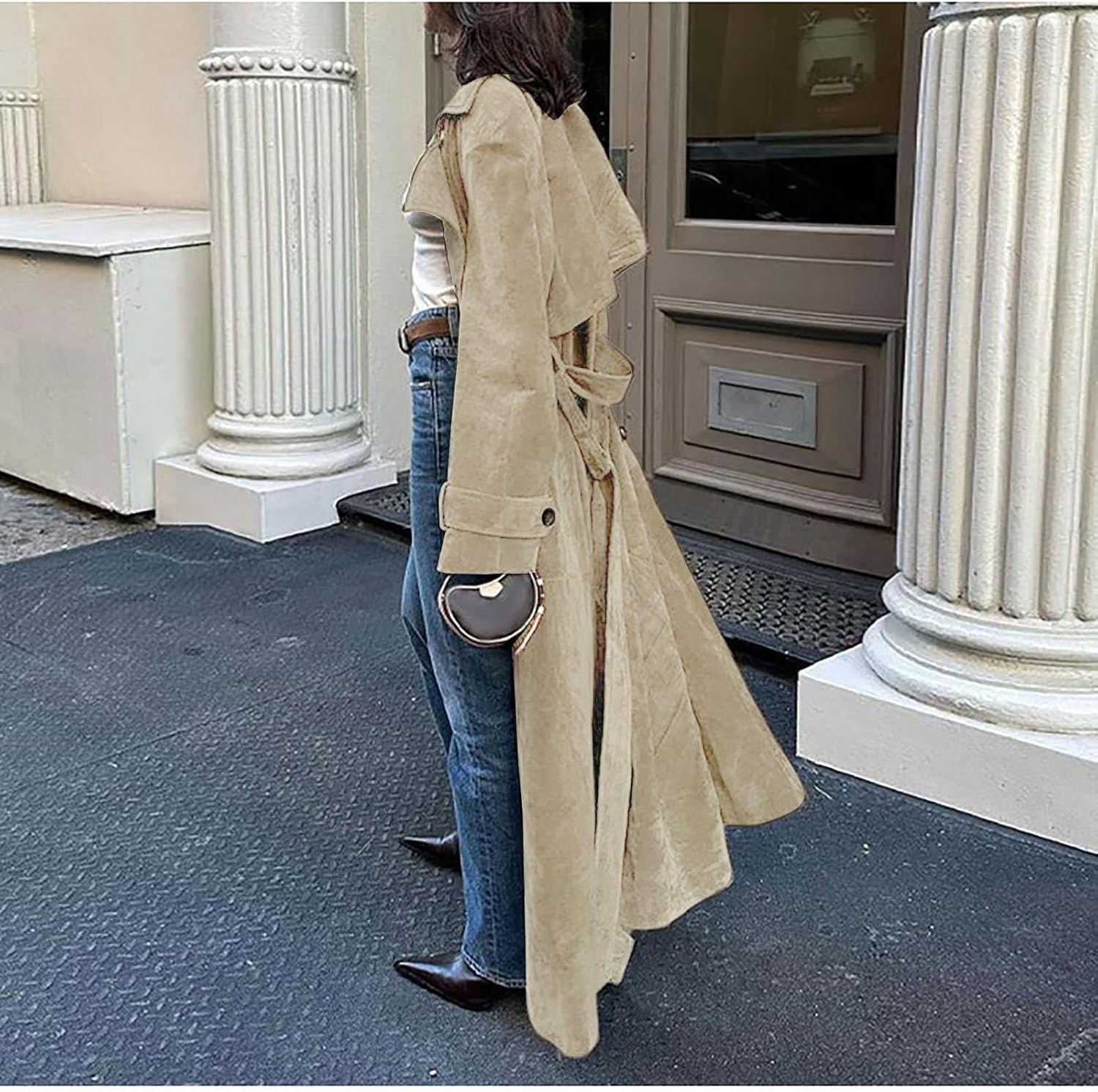 image:imageutcoco Womens Faux Suede Long Trench Coat Notched Lapel Double Breasted Pea Coat Overcoat with BeltLight Khaki