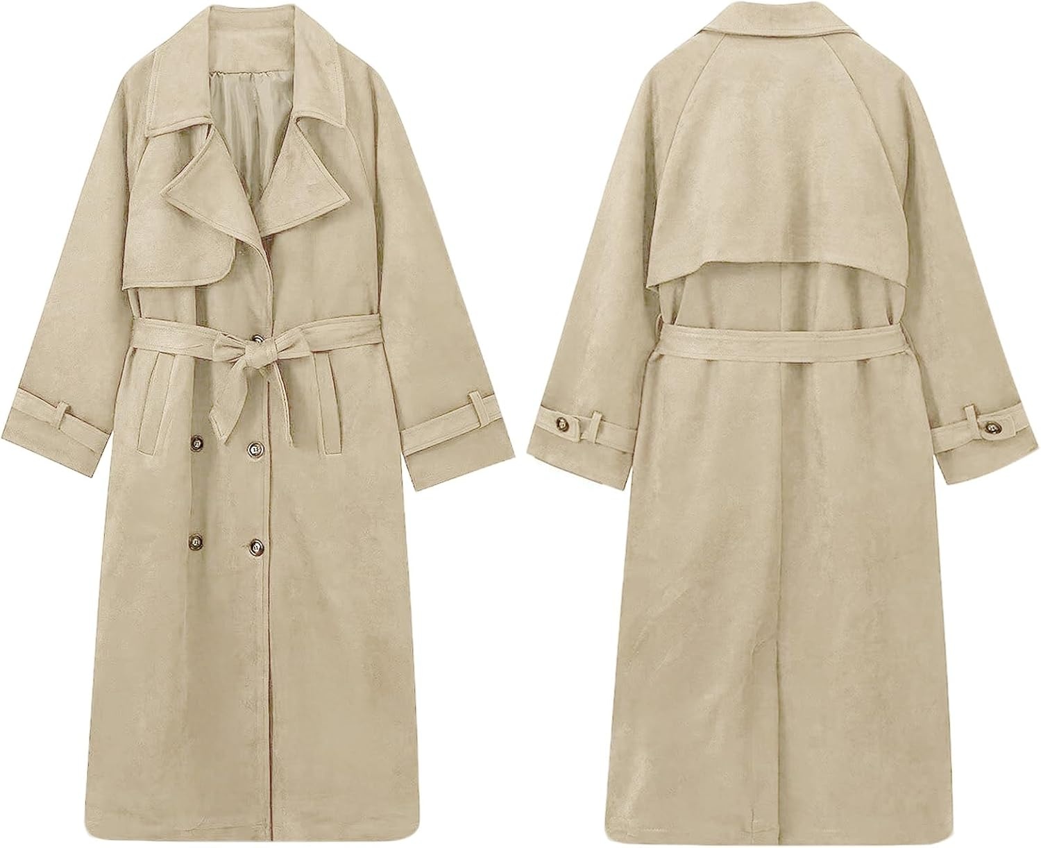 image:imageutcoco Womens Faux Suede Long Trench Coat Notched Lapel Double Breasted Pea Coat Overcoat with BeltLight Khaki