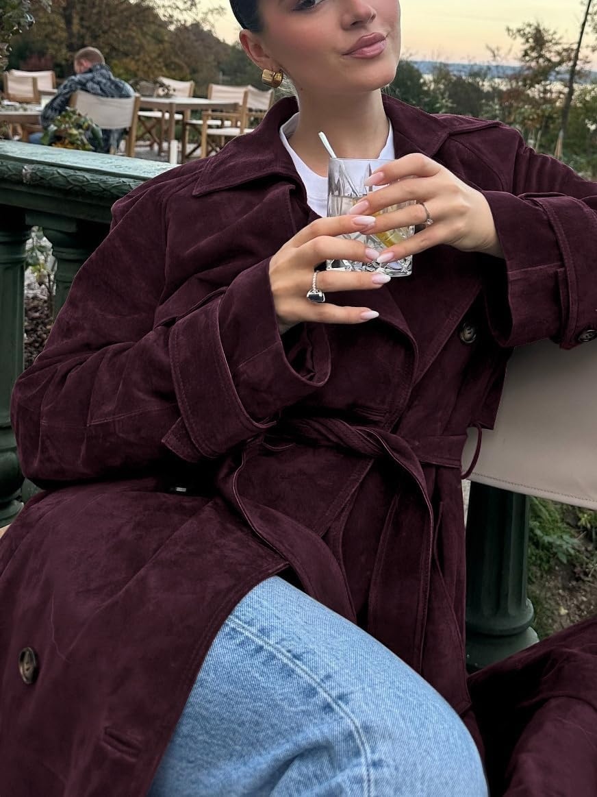image:imageutcoco Womens Faux Suede Long Trench Coat Notched Lapel Double Breasted Pea Coat Overcoat with BeltWine