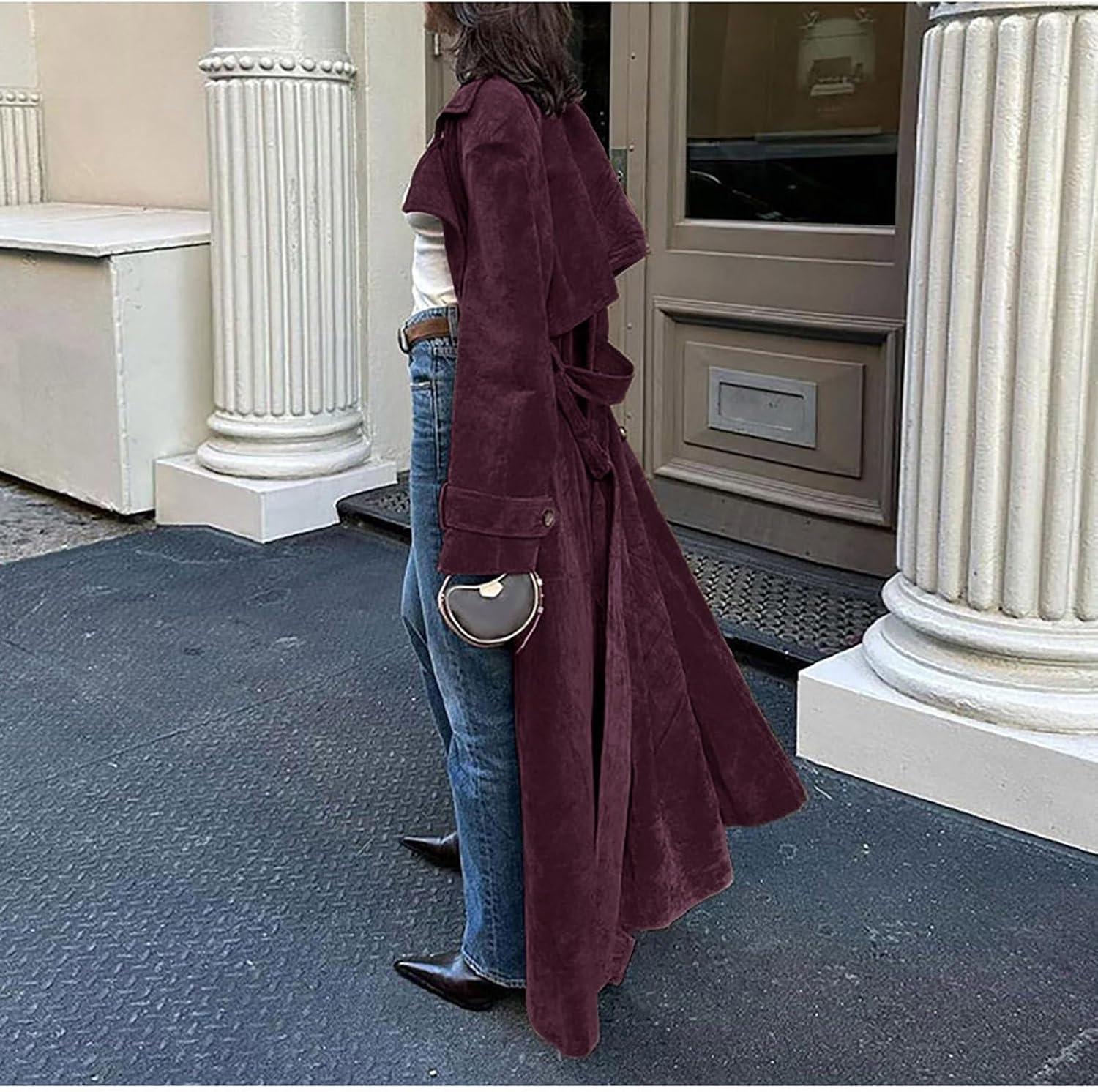 image:imageutcoco Womens Faux Suede Long Trench Coat Notched Lapel Double Breasted Pea Coat Overcoat with BeltWine