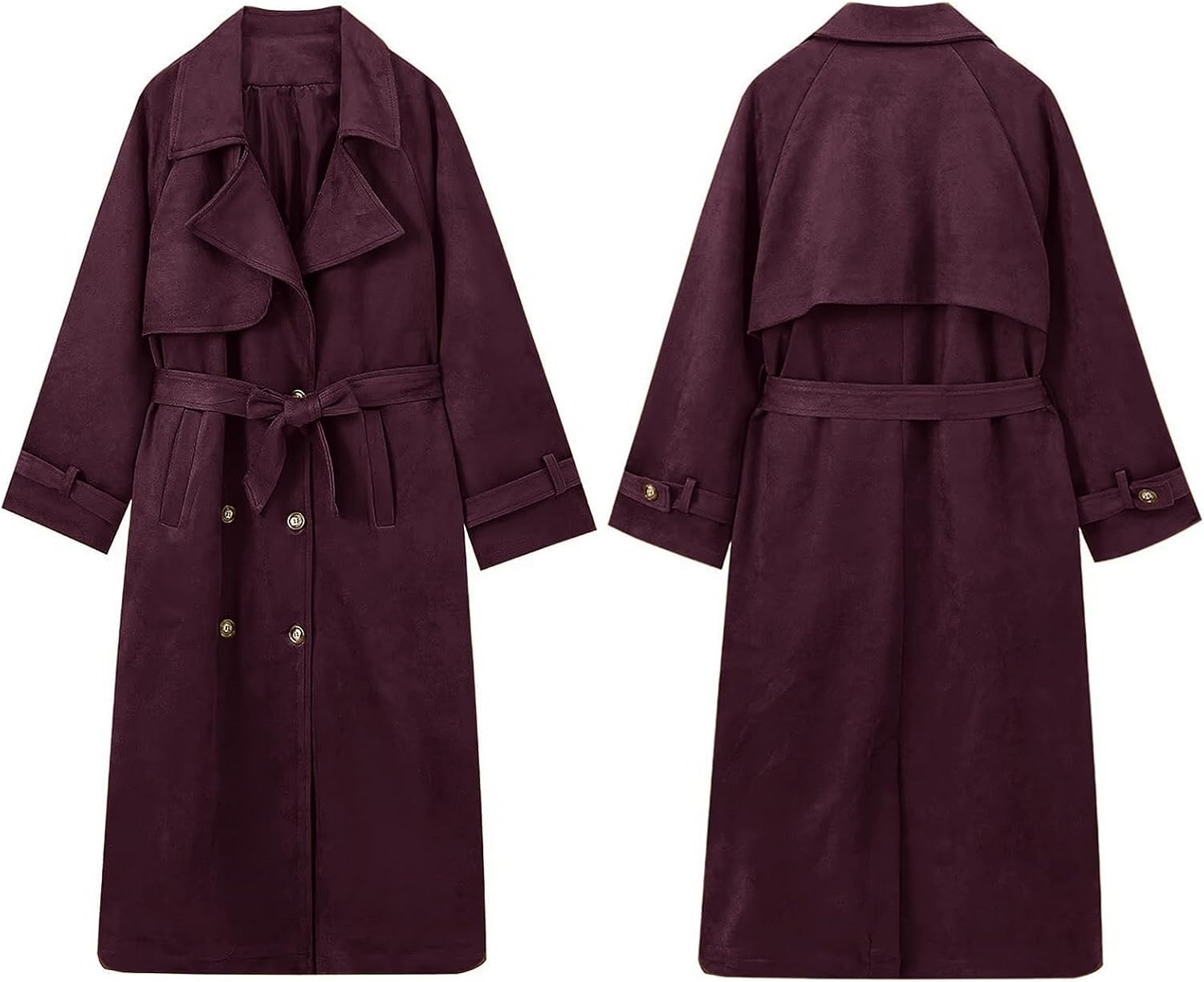 image:imageutcoco Womens Faux Suede Long Trench Coat Notched Lapel Double Breasted Pea Coat Overcoat with BeltWine