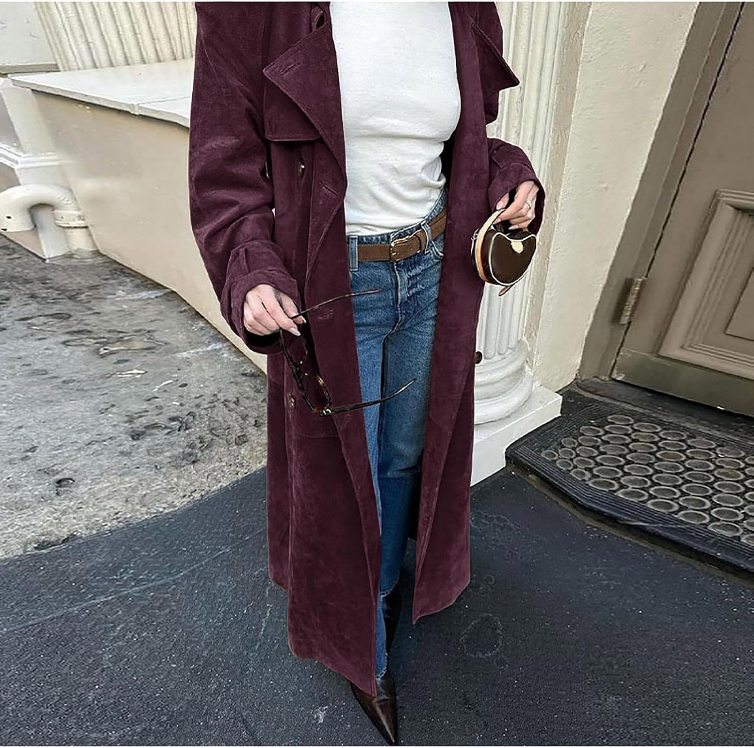 image:imageutcoco Womens Faux Suede Long Trench Coat Notched Lapel Double Breasted Pea Coat Overcoat with BeltWine