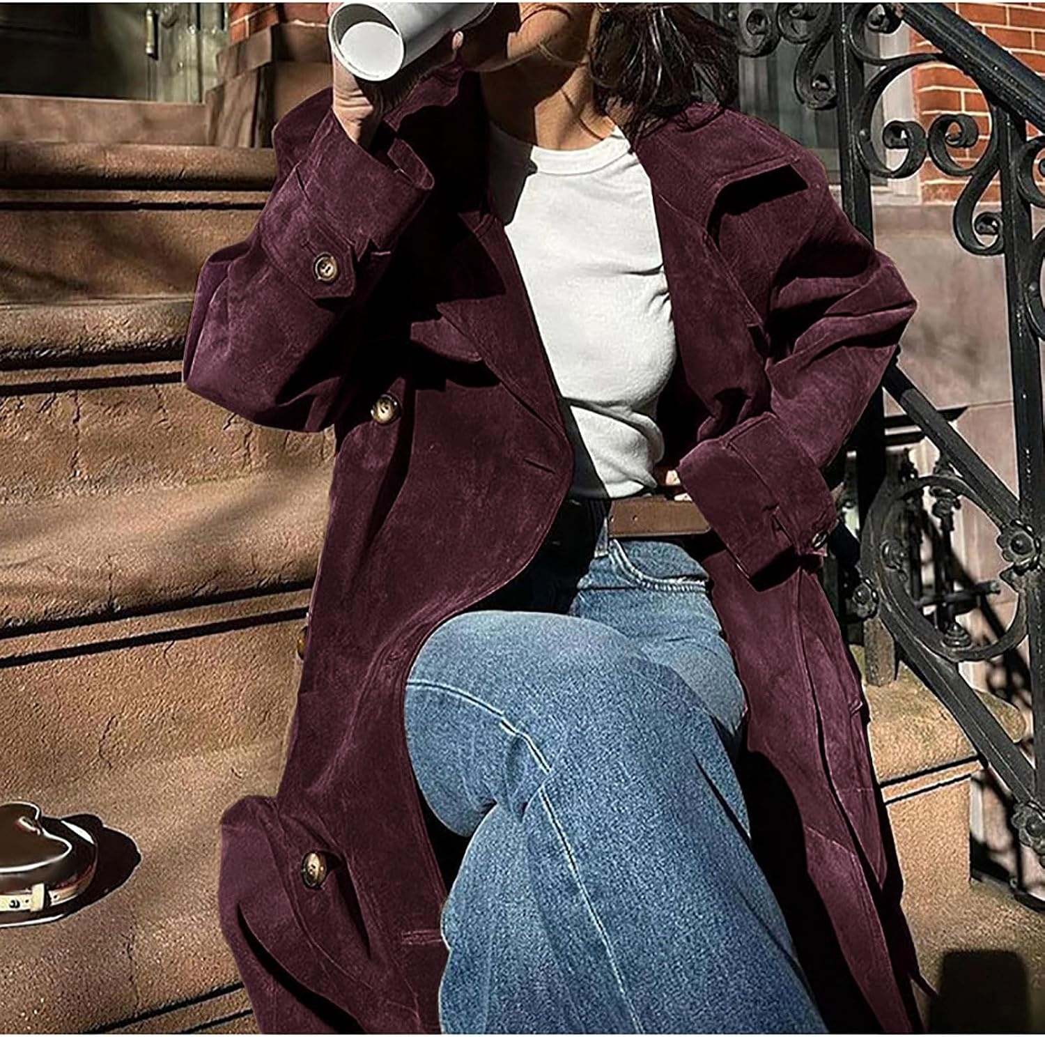 image:imageutcoco Womens Faux Suede Long Trench Coat Notched Lapel Double Breasted Pea Coat Overcoat with BeltWine