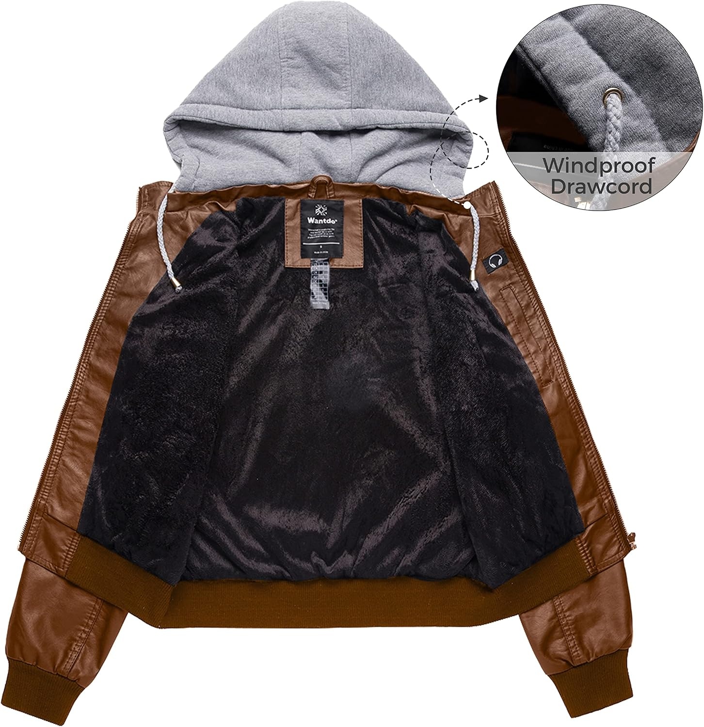 image:imagewantdo Faux Leather Jacket for Women PU Moto Biker Bomber Motorcycle Coat Womens Short Slim Leather Jackets Zip Up with Removable Hood Windbreaker Outwear Lightweight Coats Standard amp Plus SizeBrownthick