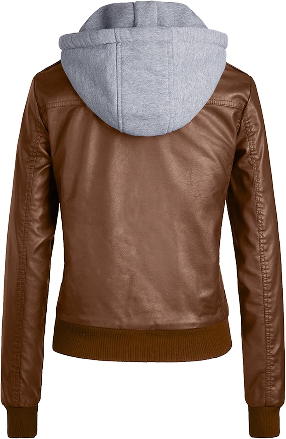 image:imagewantdo Faux Leather Jacket for Women PU Moto Biker Bomber Motorcycle Coat Womens Short Slim Leather Jackets Zip Up with Removable Hood Windbreaker Outwear Lightweight Coats Standard amp Plus SizeBrownthick