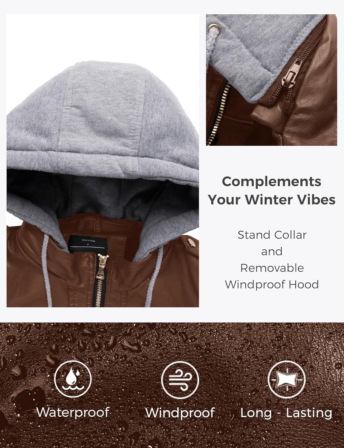 image:imagewantdo Faux Leather Jacket for Women PU Moto Biker Bomber Motorcycle Coat Womens Short Slim Leather Jackets Zip Up with Removable Hood Windbreaker Outwear Lightweight Coats Standard amp Plus SizeBrownthick